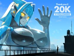 Rule 34 | 1girl, 1other, black bodysuit, blue bodysuit, blue hair, blue sky, bodysuit, breasts, building, closed mouth, cloud, colored skin, commentary request, day, english text, giant, giantess, glowing, glowing eyes, grey bodysuit, grey skin, highres, large breasts, long hair, looking down, milestone celebration, multicolored bodysuit, multicolored clothes, nikunopengin, on rooftop, original, outdoors, railing, rooftop, shiny clothes, sidelocks, skin tight, sky, thank you, twitter username, waving, yellow eyes