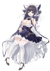 Rule 34 | 1girl, :d, alternate costume, aqua hair, azur lane, black footwear, black hair, breasts, cheshire (azur lane), cleavage, dot nose, dress, enmaided, fang, frilled dress, frilled headwear, frills, full body, gold trim, green eyes, hand up, high heels, invisible chair, kneehighs, knees together feet apart, komuer, large breasts, looking at viewer, maid, maid headdress, medium hair, multicolored hair, open mouth, sitting, skin fang, skirt, smile, socks, solo, streaked hair, two-tone hair, white background, white socks