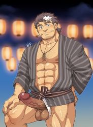 Rule 34 | 1boy, abs, bara, beard, blush, chest hair, cigarette, clothing aside, contrapposto, dark-skinned male, dark skin, erection, facial hair, feet out of frame, fundoshi, fundoshi aside, grey kimono, highres, japanese clothes, kimono, large pectorals, leg hair, long sideburns, looking at viewer, male focus, male pubic hair, male underwear, mature male, mononobe kyoma, multicolored hair, muscular, muscular male, navel, navel hair, nipple slip, nipples, open clothes, open kimono, pectorals, penis, pubic hair, shirako (kirupi), short hair, short kimono, sideburns, smile, solo, stomach, streaked hair, stubble, testicles, thick eyebrows, thick thighs, thighs, tokyo houkago summoners, uncensored, underwear, veins, veiny penis, white hair, white male underwear