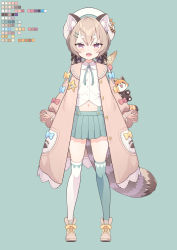Rule 34 | 1girl, animal ear fluff, animal ears, beret, boots, brown footwear, brown jacket, color guide, fangs, green background, hair ornament, hairclip, hat, highres, jacket, kneehighs, komachi panko, looking at viewer, navel, official art, open hands, open mouth, phase connect, pink eyes, skin fangs, socks, solo, tam-u, v-shaped eyebrows, virtual youtuber, white hat