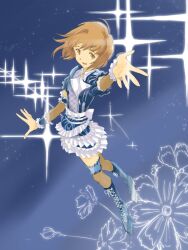 Rule 34 | 1girl, ahoge, belt, blue background, blue dress, blue scrunchie, boots, brown eyes, brown hair, cross-laced footwear, dress, flat chest, floating, flower, frilled bracelet, frilled dress, frilled skirt, frills, full body, hagiwara yukiho, highres, hirokazu, idolmaster, lace-up boots, looking at viewer, open hands, open mouth, outstretched arm, scrunchie, short hair, short sleeves, skirt, sky, solo, sparkle, sparkle background, star (sky), starry sky, thigh scrunchie, white belt, zipper, zipper pull tab