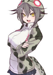 Rule 34 | 1girl, a888 n22, absurdres, animal print, breasts, covered erect nipples, crossed arms, drawstring, eyelashes, eyes visible through hair, fang, fingernails, grey hair, hair between eyes, highres, hood, hood up, hooded jacket, jacket, kemono friends, large breasts, long sleeves, looking at viewer, microskirt, okinawa habu (kemono friends), open mouth, pale skin, parted bangs, print jacket, simple background, skin fang, skirt, smile, snake print, snake tail, solo, tail, taut clothes, taut jacket, v-shaped eyebrows, white background, yellow eyes, zipper, zipper pull tab