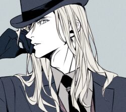 Rule 34 | 1boy, adam&#039;s apple, aqua background, black coat, black gloves, black hat, black necktie, black pants, blonde hair, blue eyes, brown vest, camus (uta no prince-sama), coat, collared shirt, facing to the side, fedora, gloves, grey shirt, hand to own mouth, hat, head rest, lapels, long hair, long sleeves, looking at viewer, luonnem, male focus, necktie, notched lapels, official alternate costume, pants, parted lips, profile, shirt, sideways glance, simple background, solo, upper body, uta no prince-sama, uta no prince-sama: shining live, vest