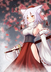 Rule 34 | &gt;:(, 1girl, alternate eye color, animal ear fluff, animal ears, armpit peek, bare shoulders, black sash, blush, breasts, commentary request, covered navel, detached sleeves, feet out of frame, fog, hair between eyes, hat, high collar, hip vent, holding, holding sword, holding weapon, inubashiri momiji, katana, long sleeves, medium breasts, pom pom (clothes), red skirt, ribbon-trimmed sleeves, ribbon trim, sash, scabbard, sheath, sheathed, shirt, short hair, sideboob, silver hair, skirt, sky, solo, standing, star (sky), starry sky, sword, tassel, tokin hat, touhou, v-shaped eyebrows, weapon, white shirt, wide sleeves, wolf ears, yellow eyes, z.o.b