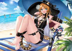 Rule 34 | 3girls, absurdres, animal ears, arknights, barefoot, beach, beach chair, beach umbrella, black headwear, black one-piece swimsuit, blue sky, blush, bracelet, breasts, center opening, ch&#039;en (arknights), ch&#039;en the holungday (arknights), character doll, cleavage, cloud, cloudy sky, day, drill hair, drill sidelocks, ears through headwear, flower, green eyes, hair flower, hair ornament, hand up, hat, highres, holding shoe, hoshiguma (arknights), io (wadm5455), jewelry, large breasts, leaf, long hair, looking at viewer, multiple girls, nail polish, necklace, official alternate costume, one-piece swimsuit, open mouth, orange hair, outdoors, applying pedicure, sidelocks, sky, solo focus, sunlight, swimsuit, swire (arknights), swire the elegant wit (arknights), tail, thighs, tiger ears, tiger girl, tiger tail, toenail polish, toenails, toes, umbrella, unworn footwear, very long hair, white flower