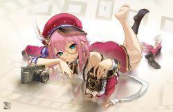 Rule 34 | 1girl, absurdres, bare shoulders, black socks, cabbie hat, camera, charlotte (genshin impact), commentary request, detached sleeves, genshin impact, hat, hat feather, highres, holding, holding camera, looking at viewer, lying, monocle, on stomach, peaked cap, pink hair, red footwear, red hat, red skirt, red sleeves, rein yukimatsu, shirt, shoes, short hair, single sock removed, skirt, sleeveless, sleeveless shirt, socks, solo, toes, unworn shoes, white shirt