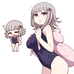Rule 34 | 1girl, :o, alternate costume, backpack, bag, bare arms, bare shoulders, black one-piece swimsuit, blue one-piece swimsuit, blunt bangs, blush, blush stickers, breasts, chan co, chibi, closed eyes, competition school swimsuit, cowboy shot, danganronpa (series), danganronpa 2: goodbye despair, drooling, full body, hair ornament, highres, large breasts, looking at viewer, multiple views, nanami chiaki, one-piece swimsuit, open mouth, purple eyes, saliva, school swimsuit, short hair, silver hair, sleeping, sleeping upright, sleepy, standing, swimsuit, thighs, translation request