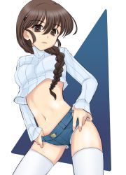 Rule 34 | 1girl, blue shorts, braid, brown eyes, brown hair, casual, closed mouth, commentary request, cowboy shot, crop top, cutoffs, denim, denim shorts, girls und panzer, hair ornament, hair over shoulder, hairclip, long hair, long sleeves, looking at viewer, micro shorts, midriff, navel, ribbed shirt, rukuriri (girls und panzer), rukuriritea, shirt, shorts, simple background, single braid, skindentation, solo, standing, thighhighs, thumb in beltline, turtleneck, white background, white shirt, white thighhighs