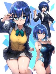 Rule 34 | 1girl, :d, absurdres, adjusting eyewear, ahoge, black jacket, black one-piece swimsuit, blazer, blue eyes, blue hair, bow, bowtie, breasts, ciel (tsukihime), cleavage, closed mouth, commentary, competition swimsuit, cowboy shot, ebora, glasses, green bow, green bowtie, grey skirt, hand on own hip, highres, jacket, large breasts, long sleeves, looking at viewer, multiple views, nun, one-piece swimsuit, open clothes, open jacket, open mouth, pleated skirt, short hair, skirt, smile, standing, sweater vest, swimsuit, thighs, traditional nun, tsukihime, winter uniform, yellow sweater vest