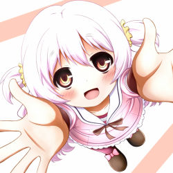 Rule 34 | 10s, 1girl, arms up, blush, bow, carry me, female focus, foreshortening, from above, full body, loafers, long sleeves, looking at viewer, looking up, mahou shoujo madoka magica, mahou shoujo madoka magica: hangyaku no monogatari, momoe nagisa, open mouth, outstretched arms, palms, pink shirt, ribbon, school uniform, serafuku, shirt, shoes, smile, solo, standing, taka (takalight), tareme, twintails, two side up, white hair