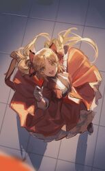 Rule 34 | 1girl, 8873206812, :d, absurdres, arknights, black necktie, blonde hair, blurry, bow, chinese commentary, commentary request, from above, full body, green eyes, hair bow, hand up, highres, holding, holding microphone, jacket, long hair, long skirt, looking at viewer, looking up, microphone, necktie, official alternate costume, open clothes, open jacket, open mouth, pinecone (arknights), pinecone (sing a song) (arknights), red bow, red jacket, red skirt, shirt, short sleeves, sketch, skirt, smile, solo, standing, teeth, upper teeth only, white shirt