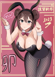 Rule 34 | 1girl, 2023, absurdres, alternate costume, animal ears, black hairband, black leotard, blush, bow, bowtie, breasts, brown hair, chinese zodiac, cleavage, closed mouth, commentary request, creatures (company), detached collar, double bun, doughnut hair bun, fake animal ears, fishnet pantyhose, fishnets, framed, frown, game freak, green eyes, hair bun, hairband, hands up, highres, large breasts, leaning forward, leotard, long hair, looking at viewer, nintendo, pantyhose, pink background, playboy bunny, pokemon, pokemon bw2, rabbit ears, rabbit tail, red bow, red bowtie, rosa (pokemon), solo, tail, twintails, user fgrs7357, wrist cuffs, year of the rabbit