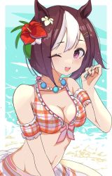 Rule 34 | 1girl, animal ears, arm garter, bare shoulders, bead necklace, beads, bikini, bikini skirt, breasts, brown hair, cleavage, flower, groin, hair flower, hair ornament, hairclip, halterneck, hand up, hibiscus, highres, horse ears, jewelry, looking at viewer, multicolored hair, navel, necklace, one eye closed, open mouth, plaid, plaid bikini, purple eyes, shi (pou9f), sitting, small breasts, smile, solo, special week (hopping vitamin heart) (umamusume), special week (umamusume), swimsuit, two-tone hair, umamusume, upper body