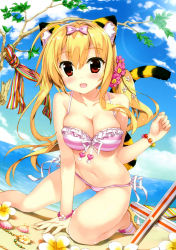 Rule 34 | 1girl, :d, absurdres, animal ears, arm support, beach, bikini, blonde hair, blue sky, blush, bow, bracelet, breasts, cat ears, cat tail, cleavage, cloud, collarbone, day, dutch angle, fisheye, flower, frilled bikini, frills, front-tie top, fujima takuya, hair bow, highres, jewelry, kneeling, large breasts, lens flare, long hair, looking at viewer, navel, open mouth, outdoors, red eyes, sandals, scan, shiny skin, side-tie bikini bottom, skindentation, sky, smile, solo, striped bikini, striped clothes, swimsuit, tail, tiger ears, tiger tail, toranoana