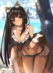 Rule 34 | 10s, 1girl, :d, animal ears, bare shoulders, bikini, black bikini, black eyes, black hair, blush, breasts, cat ears, cleavage, collarbone, cowboy shot, dappled sunlight, day, frilled bikini, frills, front-tie top, gloves, goggles, goggles on head, granblue fantasy, hair between breasts, highres, huge breasts, jessica (granblue fantasy), large breasts, leaning forward, long hair, looking at viewer, navel, open mouth, outdoors, parted lips, smile, solo, standing, sunlight, swimsuit, wet, white gloves, yaman (yamanta lov)