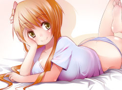 Rule 34 | 10s, 1girl, arm support, ass, barefoot, blonde hair, collarbone, feet, flower, hair flower, hair ornament, kozue akari, legs up, looking at viewer, lying, nisekoi, no pants, on stomach, panties, shirt, short sleeves, smile, solo, striped clothes, striped panties, tachibana marika, the pose, underwear, yellow eyes