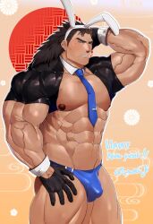 Rule 34 | 1boy, abs, animal ears, bara, biceps, black eyes, black gloves, black hair, blue male swimwear, blue swim briefs, blush, bulge, chinese new year, feet out of frame, flower, gloves, large pectorals, large penis, long hair, male focus, male swimwear, manly, mature male, muscular, muscular male, necktie, nipples, original, oyatu55k, pectorals, penis, puffy chest, rabbit ears, solo, spiked hair, swim briefs, swimsuit, thick arms, thick eyebrows, thick thighs, thighs, veins, yellow background