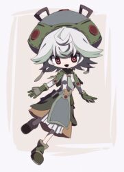 Rule 34 | :3, atoymk, breasts, dress, full body, gloves, green eyes, green footwear, green gloves, green hair, green headwear, hat, highres, long sleeves, looking at viewer, made in abyss, multicolored hair, no nose, open mouth, prushka, short hair, small breasts, smile, white dress, white hair