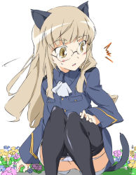 Rule 34 | 1girl, ^^^, animal ears, black pantyhose, blonde hair, blush, brown eyes, clothes pull, face, flower, glasses, have to pee, long hair, looking back, military, military uniform, panties, panty pull, pantyhose, pantyhose pull, perrine h. clostermann, solo, squatting, strike witches, sweatdrop, tail, umanosuke, underwear, uniform, world witches series