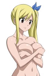 Rule 34 | 1girl, blonde hair, blue ribbon, blush, breasts, brown eyes, collarbone, completely nude, covering privates, covering breasts, fairy tail, groin, hair ribbon, highres, large breasts, long hair, lucy heartfilia, navel, nude, ribbon, side ponytail, sidelocks, simple background, stomach, white background