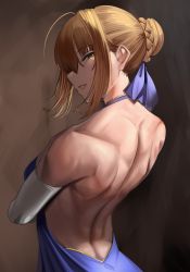 Rule 34 | 1girl, absurdres, ahoge, alternate costume, artoria pendragon (all), artoria pendragon (fate), back, backless dress, backless outfit, bare shoulders, blonde hair, breasts, dress, elbow gloves, fate/stay night, fate (series), gloves, green eyes, hair bun, harris hero, highres, looking at viewer, looking back, muscular, muscular female, parted lips, saber (fate), single hair bun, small breasts, solo, teeth, upper body