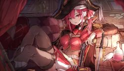 Rule 34 | 1girl, antique firearm, ascot, bad anatomy, beads, blurry, boat interior, boots, bottle, breasts, brooch, brown thighhighs, cleavage, couch, crop top, curtains, darjeeling (reley), depth of field, earrings, firearm, firelock, flintlock, gun, hair beads, hair ornament, hat, heterochromia, highres, holding, holding gun, holding weapon, hololive, houshou marine, indoors, jewelry, knee boots, knee up, lantern, looking at viewer, navel, necklace, nightstand, parted lips, pirate, pirate costume, pirate hat, pocket watch, reclining, red eyes, red hair, red skirt, saber (weapon), see-through, see-through cleavage, ship interior, skirt, solo, sword, thighhighs, virtual youtuber, watch, weapon, window, zettai ryouiki