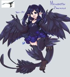 Rule 34 | 1girl, a.c. hunter, absurdres, animal print, bird legs, bird print, black feathers, black hair, black hoodie, black tank top, black wings, blue skirt, breasts, character name, choker, claws, commentary, dinosaur girl, dinosaur tail, english commentary, feathered wings, feathers, full body, grey background, heart, heart choker, highres, hood, hoodie, long hair, looking at viewer, open mouth, original, partially feathered tail, pointy ears, purple eyes, reference inset, sidelocks, simple background, skirt, small breasts, solo, tail, talons, tank top, teeth, thighhighs, twintails, upper teeth only, winged arms, wings, zettai ryouiki