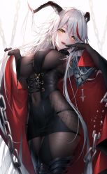 Rule 34 | 1girl, absurdly long hair, aegir (azur lane), azur lane, black cape, black gloves, black skirt, bodystocking, boots, breast curtains, breasts, cape, chain, covered navel, cross, cross-laced clothes, cross earrings, demon horns, earrings, elbow gloves, from below, gloves, hair on horn, highres, horns, iron cross, jewelry, knee boots, large breasts, long hair, looking at viewer, multicolored hair, open mouth, oyuwari, red hair, simple background, single knee boot, skindentation, skirt, solo, streaked hair, taut clothes, underbust, very long hair, white background, white hair, yellow eyes