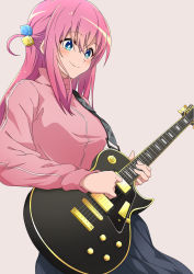Rule 34 | 1girl, absurdres, black skirt, blue eyes, blush, bocchi the rock!, commentary request, crossed bangs, cube hair ornament, electric guitar, gibson les paul, gotoh hitori, grey background, guitar, hair between eyes, hair ornament, highres, holding, holding instrument, instrument, jacket, long hair, long sleeves, looking down, music, nishizuki shino, one side up, pink hair, pink jacket, playing instrument, pleated skirt, sidelocks, simple background, skirt, smile, solo, track jacket