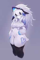 Rule 34 | 1girl, absurdres, animal ears, black eyes, black thighhighs, blue bow, blue nails, body fur, body markings, bow, claws, closed mouth, cropped legs, furry, furry female, grey fur, grey hair, hair between eyes, hair bow, heart, highres, kindred (league of legends), lamb (league of legends), league of legends, long hair, looking at viewer, mask, mask on head, multicolored hair, nail polish, sheep ears, sheep tail, smile, tail, thighhighs, two-tone hair, uyu (soda uyu)