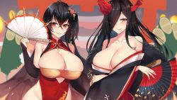 Rule 34 | 2girls, ahoge, alternate costume, azur lane, bamboo, bare shoulders, black hair, black kimono, blush, breasts, bridal gauntlets, china dress, chinese clothes, cleavage, cleavage cutout, clothing cutout, collarbone, covered navel, crossed arms, crossed bangs, dress, fingernails, flower, friedrich der grosse (azur lane), friedrich der grosse (dark raiments of gagaku) (azur lane), fur-trimmed kimono, fur trim, groin, hair flower, hair ornament, hair over one eye, hand fan, hand up, highres, holding, holding fan, horns, japanese clothes, kimono, kuavera, lips, lipstick, long fingernails, long hair, looking at viewer, makeup, mechanical horns, multiple girls, nail polish, new year, no panties, off shoulder, official alternate costume, one side up, parted lips, raised eyebrow, red dress, red eyes, red flower, red lips, red nails, shiny skin, sidelocks, skindentation, smile, taihou (azur lane), taihou (phoenix&#039;s spring song) (azur lane), very long hair, wide sleeves, yellow eyes