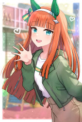 Rule 34 | 1girl, absurdres, alternate costume, animal ears, blue eyes, blunt bangs, blurry, blurry background, brown skirt, casual, commentary request, ear covers, green jacket, hair ornament, hairband, hairclip, headband, heart, highres, hime cut, horse ears, horse girl, jacket, long hair, long sleeves, looking at viewer, open clothes, open jacket, open mouth, orange hair, shiro (branch0126), shirt, short hair, silence suzuka (umamusume), skirt, smile, solo, teeth, umamusume, upper teeth only, waving, white hairband, white shirt