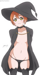Rule 34 | 1girl, absurdres, alter real zero, arms behind back, blush, breasts, female focus, gluteal fold, hair between eyes, hat, highres, hoshizora rin, looking at viewer, love live!, love live! school idol project, navel, no bra, orange hair, parted lips, short hair, signature, simple background, small breasts, smile, solo, standing, thighhighs, thighs, white background, witch hat, yellow eyes