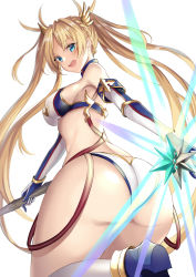 Rule 34 | 1girl, ass, back, bad id, bad pixiv id, bare shoulders, bikini, blonde hair, blue eyes, blush, boots, bradamante (fate), bradamante (third ascension) (fate), braid, breasts, commentary request, detached collar, elbow gloves, energy barrier, energy shield, fate/grand order, fate (series), french braid, gloves, hair ornament, harimoji, highres, hip focus, holding, holding polearm, holding shield, holding spear, holding weapon, knee boots, leg up, long hair, looking at viewer, looking back, open mouth, polearm, shield, sidelocks, smile, solo, spear, swimsuit, twintails, twisted torso, very long hair, weapon