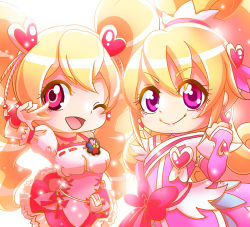 Rule 34 | 00s, 2girls, ;d, aida mana, blonde hair, blush, bow, brooch, color connection, corset, cure heart, cure peach, curly hair, dokidoki! precure, eyelashes, fresh precure!, hair ornament, heart, heart brooch, heart hair ornament, long hair, look-alike, magical girl, momozono love, multiple girls, one eye closed, open mouth, pink bow, pink eyes, precure, ribbon, smile, tochiringo, twintails, v, wink