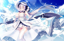 Rule 34 | 1girl, azur lane, bare shoulders, bird, blue eyes, blue sky, breasts, cleavage, dress, elbow gloves, filiananna, flight deck, garter straps, gloves, hair ribbon, hat, highres, illustrious (azur lane), lace, lace-trimmed dress, lace trim, large breasts, long hair, looking at viewer, ribbon, see-through, see-through dress, sky, solo, standing, strapless, strapless dress, sun hat, thighhighs, very long hair, white bird, white dress, white garter straps, white gloves, white hair, white hat, white ribbon, white thighhighs