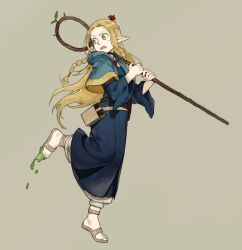 Rule 34 | 1girl, belt, belt pouch, blonde hair, blue capelet, blue robe, braid, capelet, dungeon meshi, elf, full body, green eyes, hands up, highres, holding, holding staff, hood, hood down, hooded capelet, long hair, long sleeves, marcille donato, multiple braids, open mouth, p (pm 611a), pants, pointy ears, pouch, robe, sandals, side braid, simple background, solo, staff, standing, standing on one leg