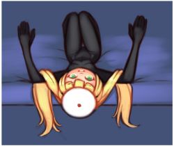 Rule 34 | 1girl, bed, black bodysuit, blonde hair, bodysuit, breasts, cosplay, creatures (company), drantyno, game freak, gen 2 pokemon, green eyes, grin, lillie (pokemon), long hair, looking at viewer, lying, nintendo, pokemon, pokemon sm, small breasts, smile, teeth, unown, unown (cosplay), unown (other)
