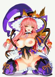 Rule 34 | 1girl, animal ears, animated, animated gif, blinking, bottomless, bouncing breasts, breasts, censored, detached collar, ears through headwear, fate/grand order, fate (series), fox ears, fox shadow puppet, fox tail, full body, gloves, hat, huge filesize, kneeling, kojima saya, large breasts, looking at viewer, mosaic censoring, navel, nipples, purple hat, purple thighhighs, simple background, smile, solo, tail, tamamo (fate), tamamo no mae (fate/extra), thighhighs, tongue, tongue out, white background, white gloves, witch hat, yellow eyes