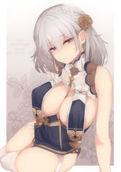 Rule 34 | 1girl, absurdres, azur lane, braid, breast curtains, breasts, china dress, chinese clothes, cleavage, dress, flower, garter straps, gloves, grey dress, grey hair, hair between eyes, hair flower, hair ornament, half gloves, highres, kana616, large breasts, looking at viewer, neckwear between breasts, pelvic curtain, red eyes, revealing clothes, short hair, side braid, side slit, sideboob, sirius (azur lane), sirius (azure horizons) (azur lane), solo, thighhighs, thighs, white gloves, white thighhighs