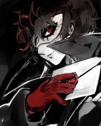 Rule 34 | 1boy, amamiya ren, black background, closed mouth, domino mask, envelope, gloves, highres, looking at viewer, lor (roasyerizyonirapi), male focus, mask, nintendo, persona, persona 5, red eyes, red gloves, simple background, smash ball, smash invitation, smile, solo, super smash bros., upper body, wax seal