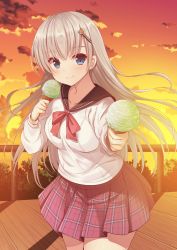 Rule 34 | 1girl, bear hair ornament, black sailor collar, blue eyes, blush, bow, breasts, brown sky, closed mouth, cloud, cloudy sky, collarbone, commentary request, gradient sky, grey hair, hair between eyes, hair ornament, hairclip, highres, holding food, holding ice cream, ice cream, long hair, long sleeves, looking at viewer, moe2019, original, outdoors, plaid, plaid skirt, pleated skirt, railing, red bow, red skirt, rennkuu, sailor collar, school uniform, serafuku, shirt, skirt, sky, small breasts, smile, solo, sunset, very long hair, white shirt, yellow sky
