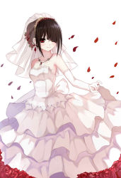 Rule 34 | 10s, 1girl, bad id, bad pixiv id, bai kongque, bare shoulders, black hair, breasts, cleavage, date a live, dress, elbow gloves, gloves, hair over one eye, heterochromia, jewelry, light smile, looking at viewer, necklace, petals, red eyes, rose petals, smile, solo, tokisaki kurumi, wedding dress, white background, white gloves, yellow eyes