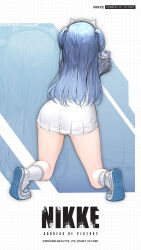 Rule 34 | 1girl, april fools, ass, blue hair, copyright name, earphones, foreshortening, from behind, gloves, goddess of victory: nikke, high-waist skirt, highres, long sleeves, official art, outstretched arms, panties, panty peek, shifty (nikke), shoes, skirt, sneakers, socks, solo, thighs, two side up, underbutt, underwear, white footwear, white gloves, white panties, white skirt, white socks, zoom layer