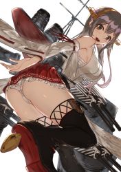 Rule 34 | 1girl, :d, absurdres, black footwear, boots, breasts, brown eyes, cameltoe, camouflage, dazzle paint, detached sleeves, from below, from side, grey hair, hair ornament, hairclip, haruna (kancolle), headgear, highres, kantai collection, large breasts, leg up, long hair, looking at viewer, looking to the side, mast, nontraditional miko, open mouth, panties, pantyshot, red skirt, sarashi, sideboob, simple background, skirt, smile, smokestack, solo, taki rentaro, thigh boots, thighhighs, turret, underwear, white background, white panties, wide sleeves
