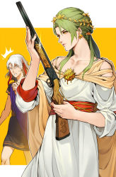 Rule 34 | 2boys, achilles (fate), alternate costume, alternate hairstyle, ancient greek clothes, changye, chiton, crossdressing, dress, earrings, fate/grand order, fate (series), greek mythology, green hair, gun, jewelry, long hair, multicolored hair, multiple boys, odysseus (fate), rifle, sash, surprised, tiara, toga, weapon, yellow background, yellow eyes