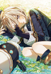 1boy black_gloves black_hat black_jacket blonde_hair blue_eyes blush boots commentary_request flower freminet_(genshin_impact) genshin_impact gloves grass hair_between_eyes hat highres jacket long_sleeves looking_at_viewer lying male_focus nigi_(onigiri_283555) on_side parted_lips partially_fingerless_gloves pers_(genshin_impact) twitter_username water