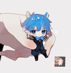 Rule 34 | 1boy, 1girl, animal ears, black pantyhose, black stripes, blue bow, blue bowtie, blue eyes, blue hair, blue shorts, blue vest, blush, bow, bowtie, brown footwear, colored inner hair, commentary, fate/extra, fate/extra ccc, fate/grand order, fate (series), fingernails, hans christian andersen (fate), highres, holding, long sleeves, looking at viewer, male focus, mini person, miniboy, mouse ears, multicolored hair, out of frame, outstretched arms, pantyhose, parted lips, photo-referenced, photo inset, pink hair, pith u, puffy shorts, reference inset, sessyoin kiara, shirt, short hair, shorts, simple background, solo focus, striped clothes, striped shirt, vertical-striped clothes, vertical-striped shirt, vest, white background, white hair, white shirt