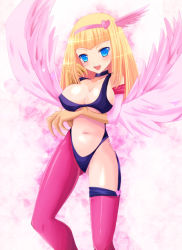 Rule 34 | 1girl, alternate breast size, blonde hair, blue eyes, blush, breasts, claws, cleavage cutout, clothing cutout, duel monster, feathers, hairband, harpie girl (yu-gi-oh!), harpy, kay (utd), large breasts, long hair, monster girl, navel, sideboob, smile, solo, thighhighs, underboob, wings, yu-gi-oh!