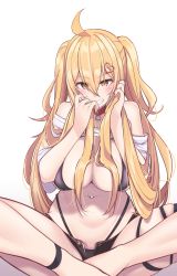 Rule 34 | 1girl, ahoge, bare shoulders, belt collar, black panties, blonde hair, blush, borrowed character, breasts, brown eyes, collar, cropped shirt, grin, hair ornament, haruichi (komikal), heart, heart ahoge, heart hair ornament, highleg, highleg panties, highres, huge breasts, long hair, looking at viewer, off-shoulder shirt, off shoulder, original, panties, saaya (kirome), shirt, short sleeves, sitting, smile, solo, thighs, thong, twintails, underwear, virtual youtuber, white background, white shirt